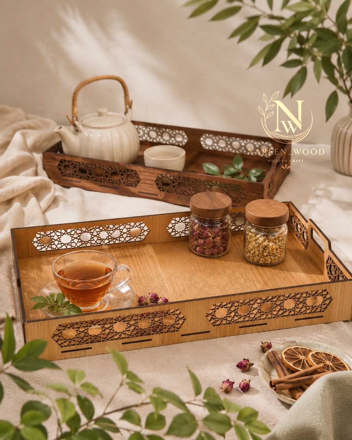 سینی پذیرایی مستطیلی چوبی طرح خورشید