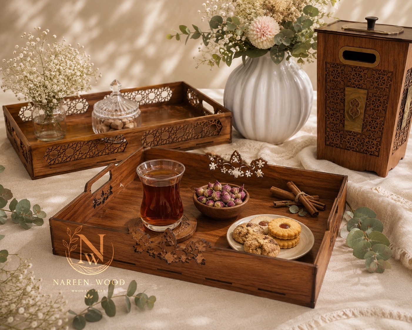 سینی پذیرایی مستطیلی چوبی طرح برگ پاییزی