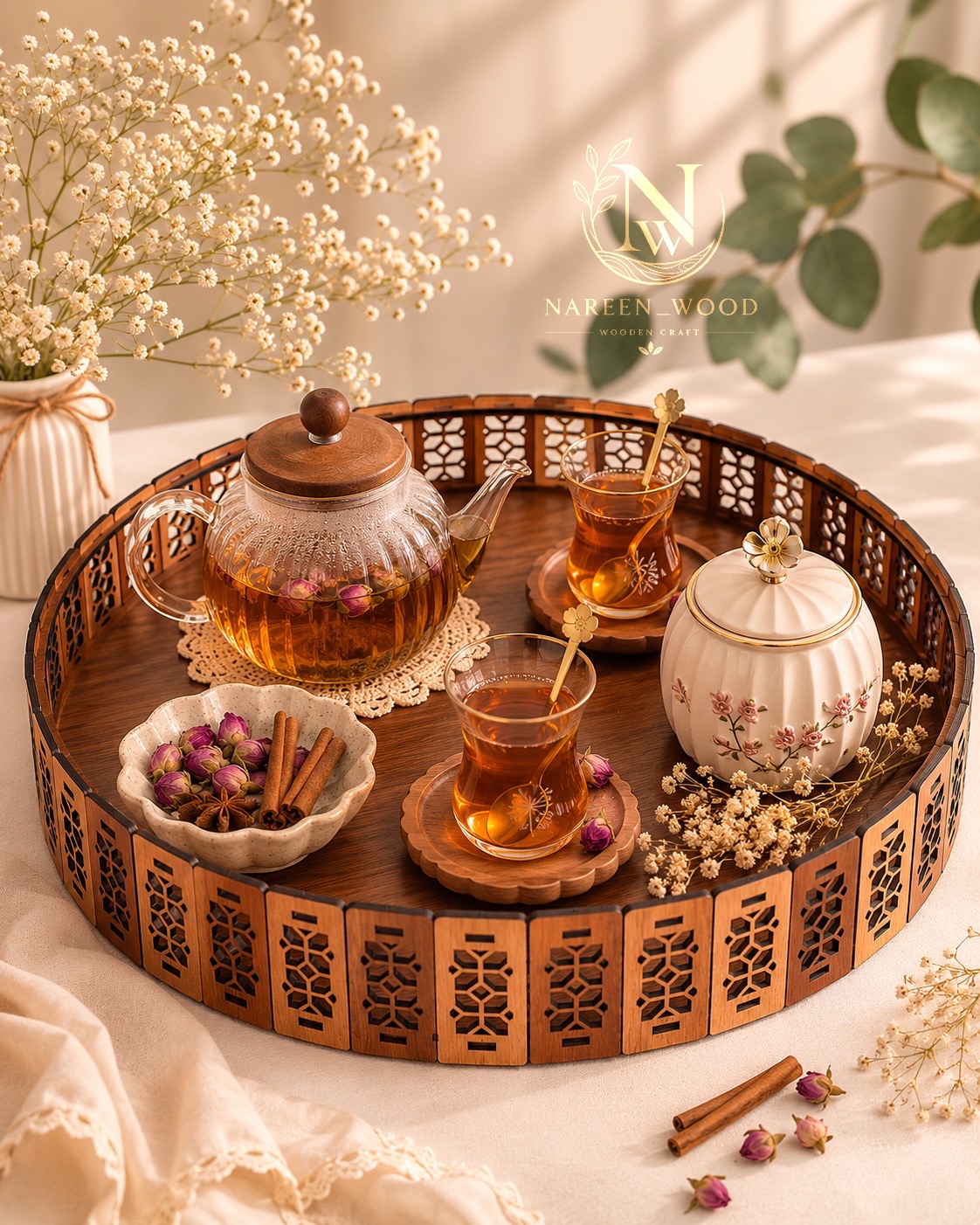 سینی پذیرایی گرد چوبی طرح چهار برگ