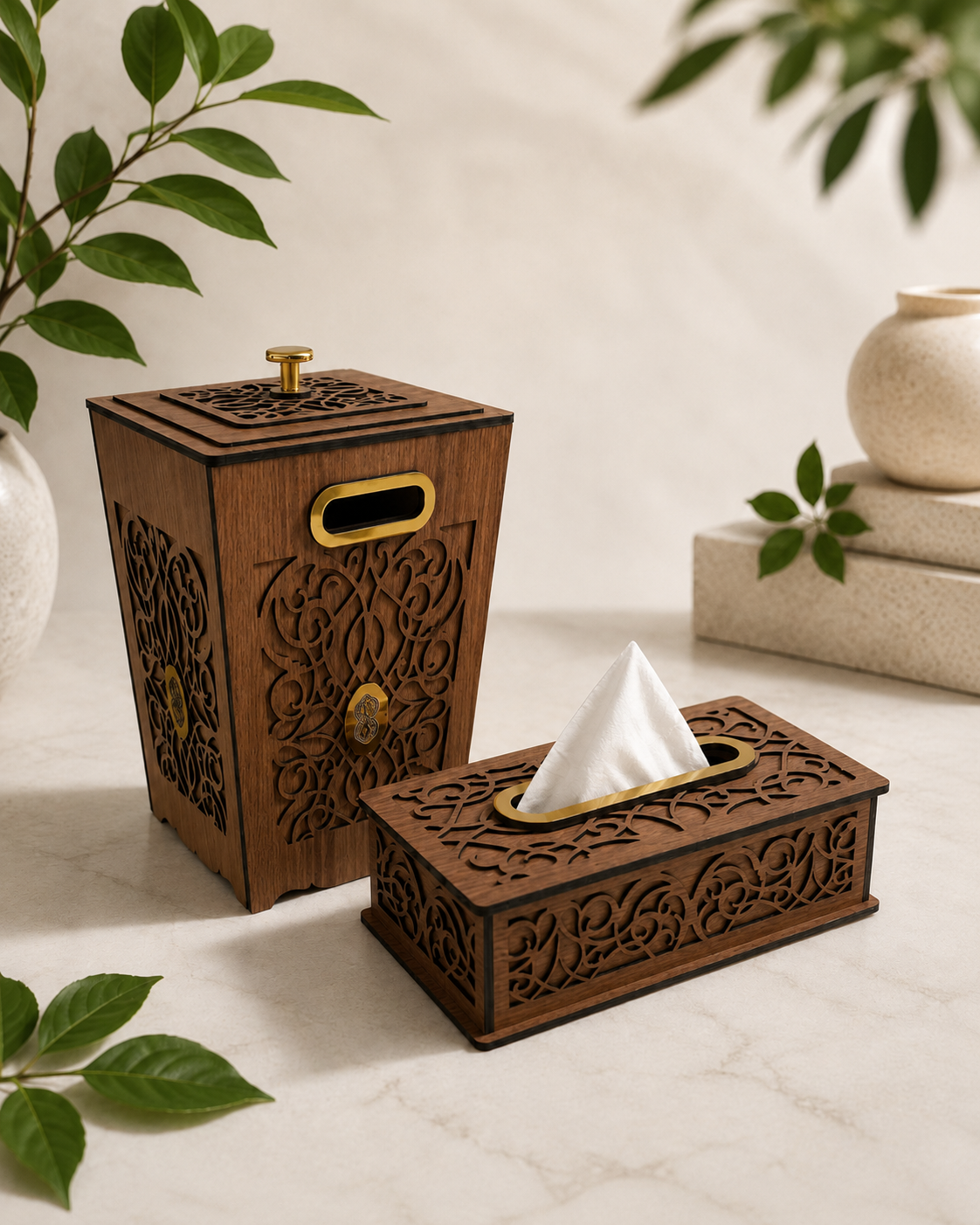 ست سطل و جا دستمال کاغذی چوبی طرح پروانه