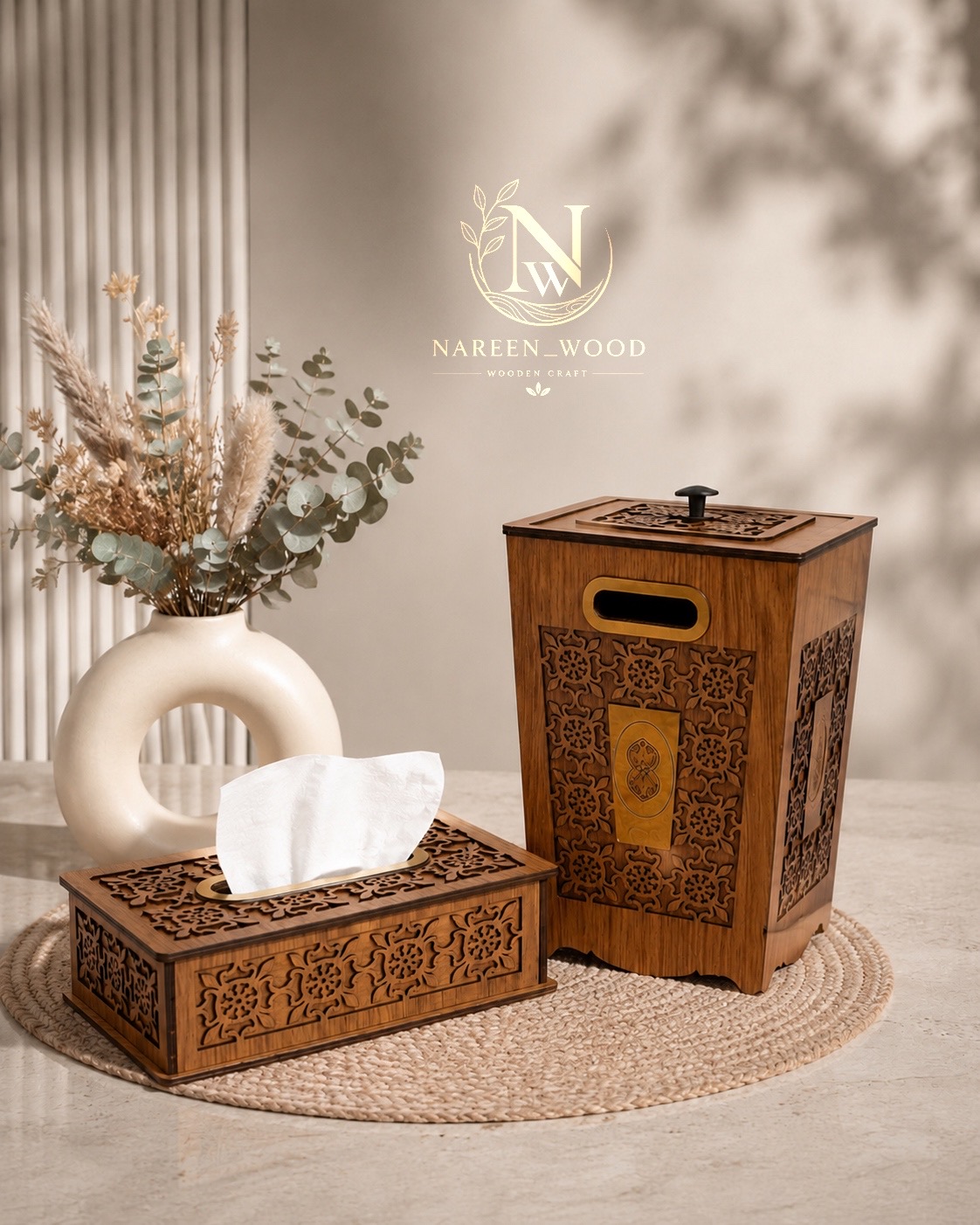 ست جا دستمال کاغذی و سطل چوبی طرح ماهور