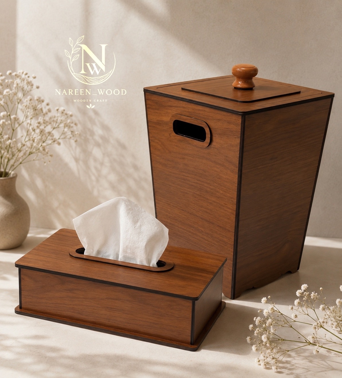 ست جا دستمال کاغذی و سطل چوبی مدل مینیمال