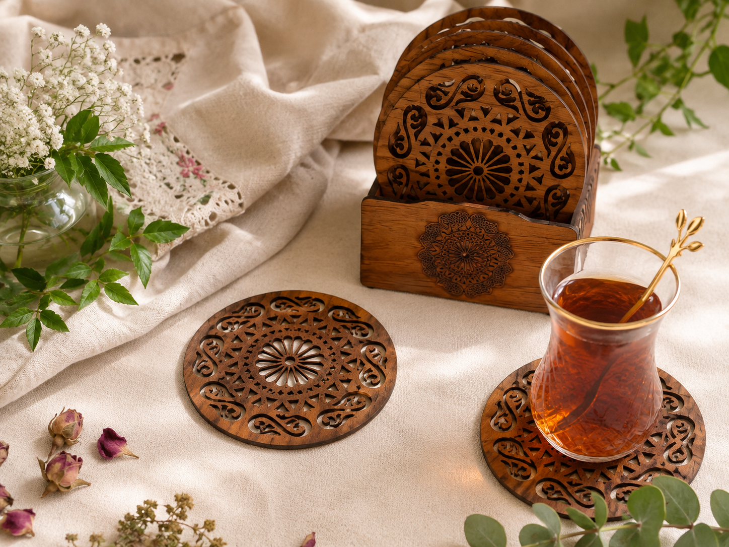 ست ۶عددی زیر لیوانی چوبی طرح میخک